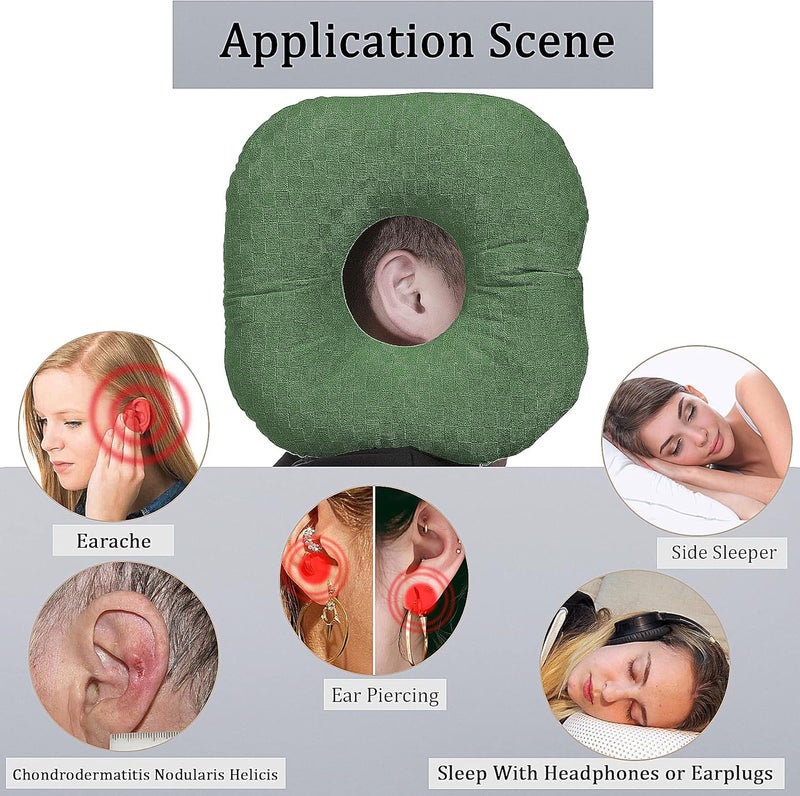 Wuronsa Ear Piercing Pillow for Side Sleepers, Pillow with an Ear Hole for CNH and Ear Pain Ear Inflammation Pressure Sores, O-Shaped Side Sleeping Pillow, Ear Guard Pillow(Dark Green) - Image 2